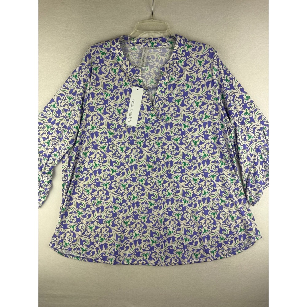 Dear Scarlett Faith Purple Damask Scroll 3/4 Sleeve V-Neck Blouse Top 2X NEW